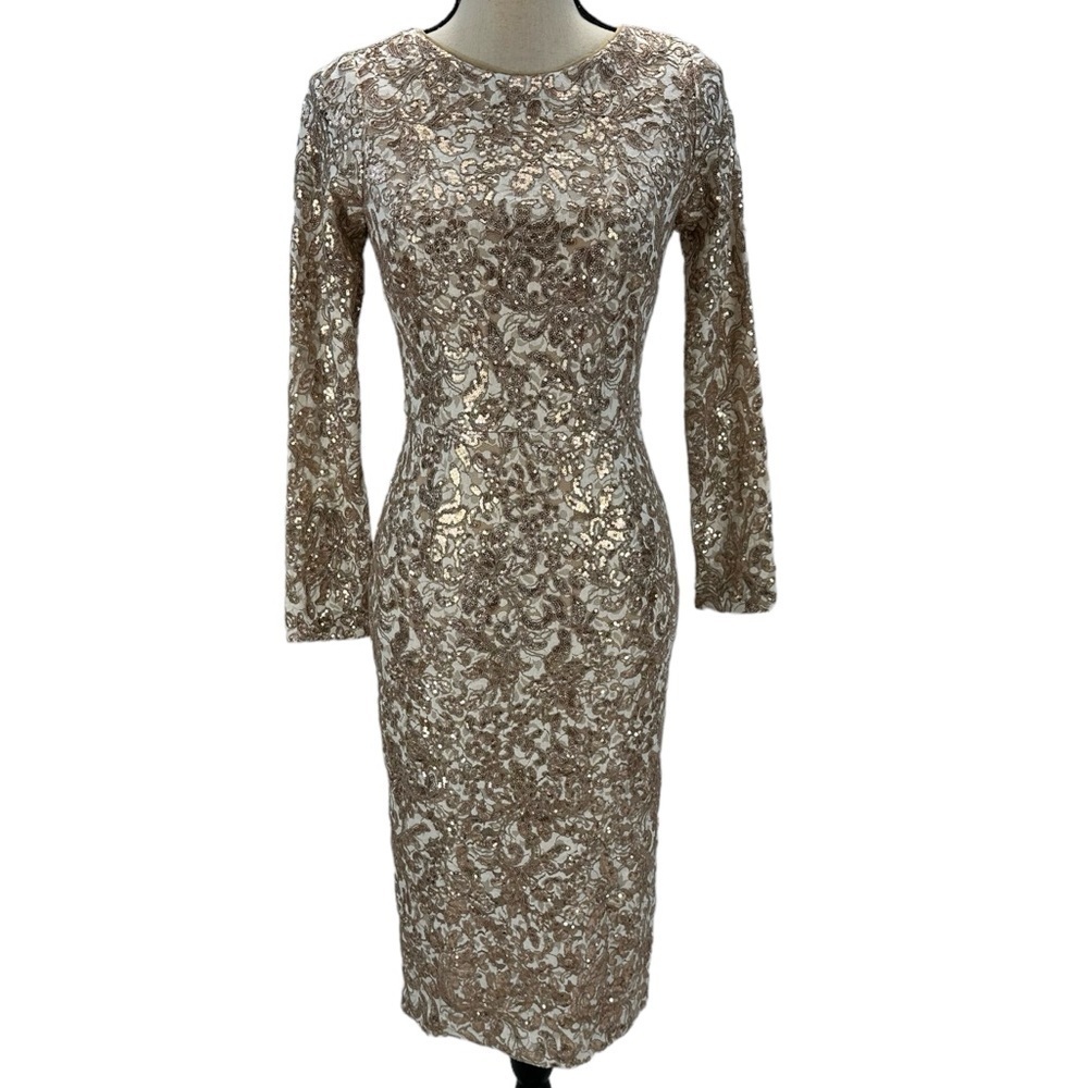 XScape Long Sleeve Sequin Lace Midi Dress - Beige / Sand - size 4P